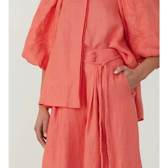 Joslin Hibiscus Orange Linen Ballon Sleeve Floral Button Down Top NWT Size 6 - Picture 2 of 8